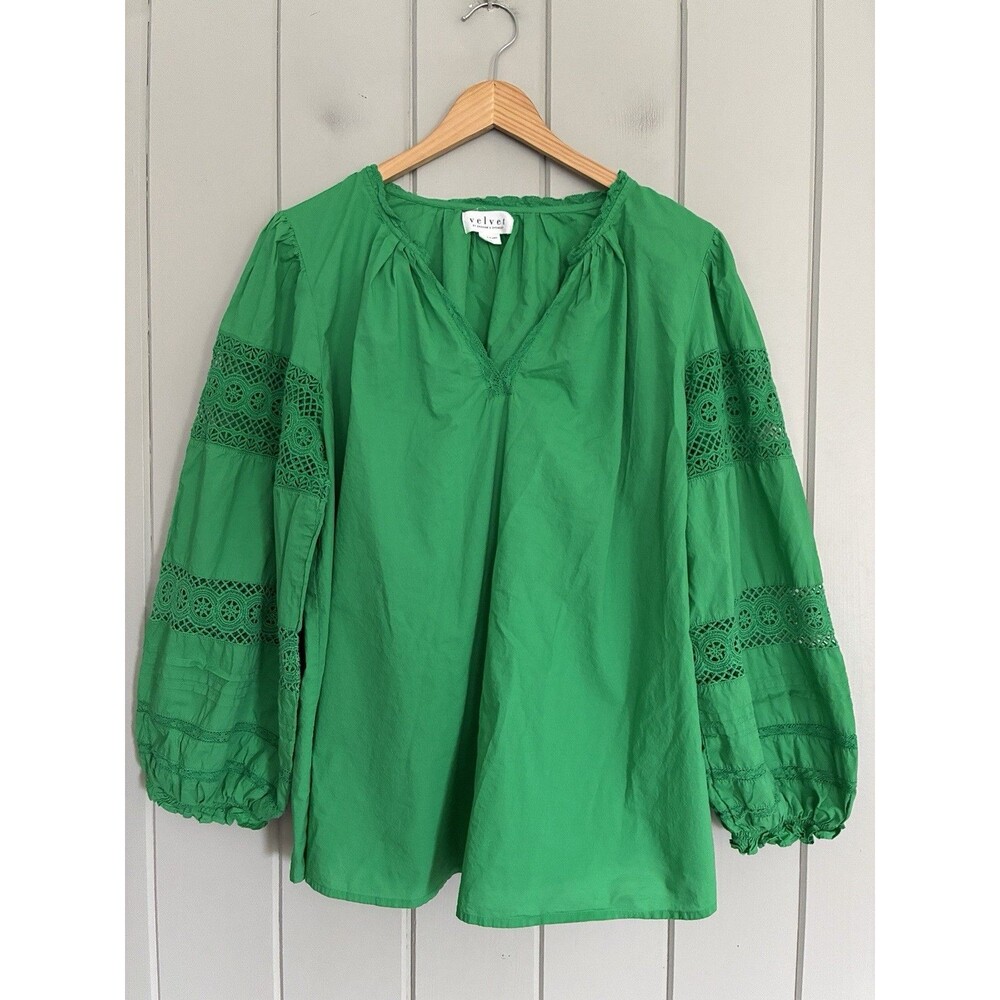 Velvet by Graham & Spencer Top XL Emerald Green Peasant Blouse Crochet Panel